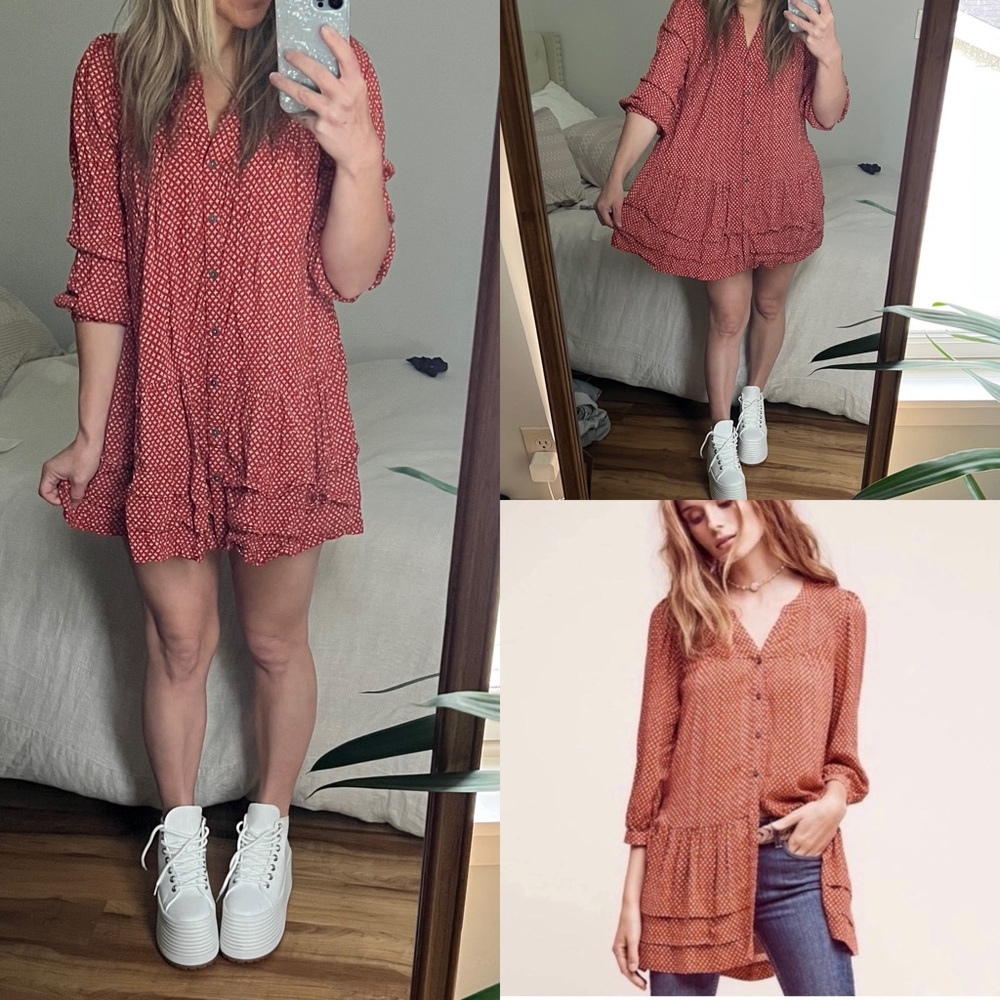ANTHROPOLOGIE HOLDING HORSES | Rust Color Printed Tunic Top Blouse mini dress